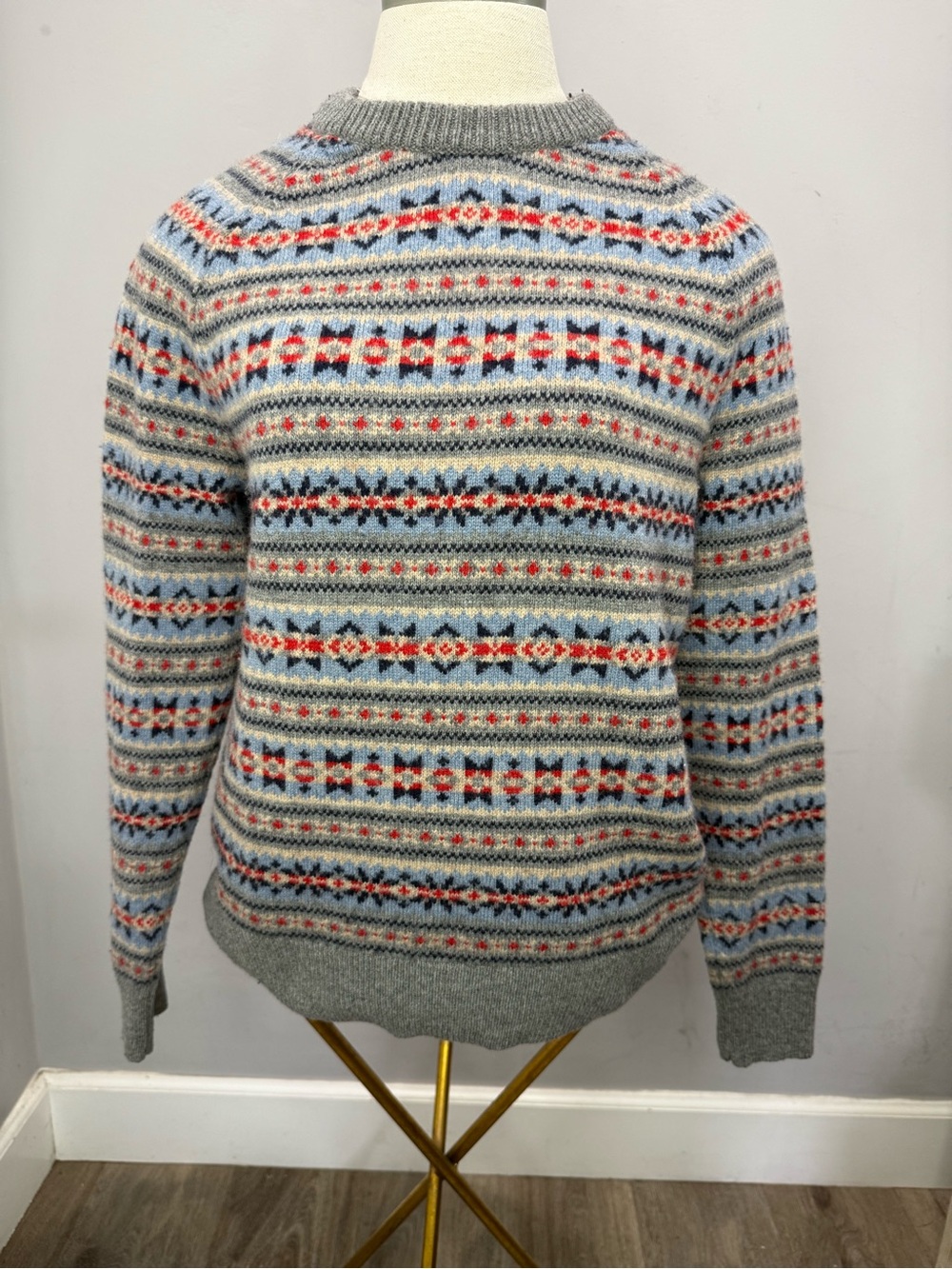 J. Crew Gray Fair Isle Crewneck Sweater with Red & Blue Accents
